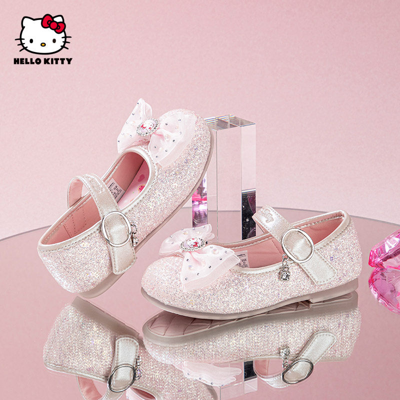 HelloKitty童鞋女童公主鞋甜美风皮鞋亮片蝴蝶结一字扣带舞蹈鞋