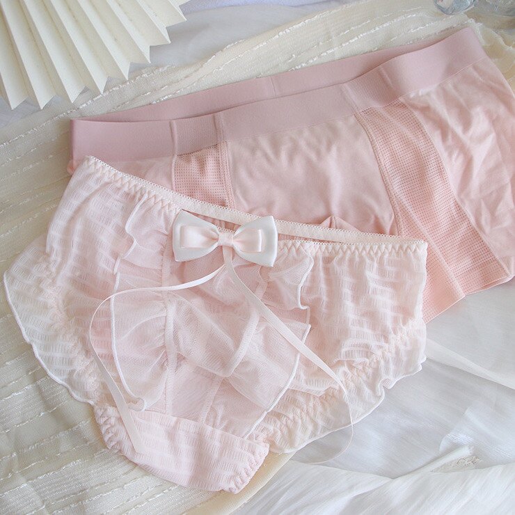 蕾丝蝴蝶结情侣内裤一男一女性感可爱奶油糖果色纯欲风三角裤套装