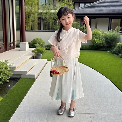 女童新中式绣花旗袍汉服两件套装