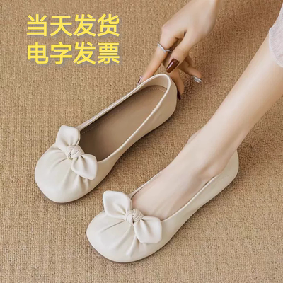 法式晚风单鞋女平底2025新款春季浅口蝴蝶结低跟软底蛋卷鞋