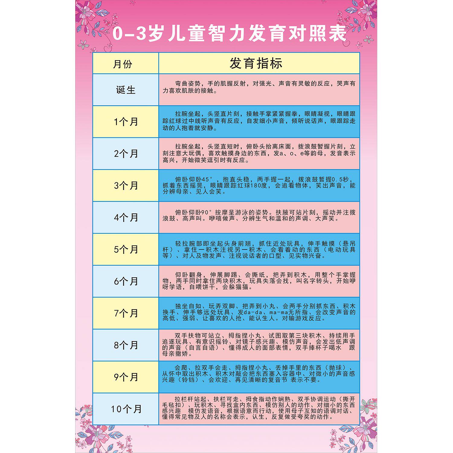 0-3岁儿童智力发育对照表海报发育指标诞生知识12月份分析墙贴纸