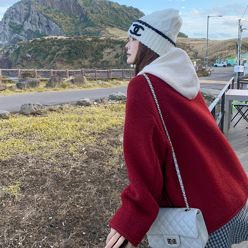 针织连帽红色毛呢外套女秋冬2025新款小个子时髦洋气减龄爆款大衣,女装短外套,浙宝203
