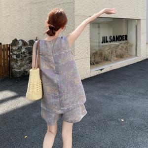 紫色复古气质印花盘扣无袖背心套装女2025夏季新款休闲短裤两件套图片
