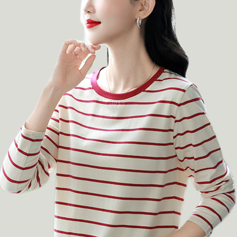 纯棉长袖条纹T恤女新款秋装大码宽松洋气妈妈上衣打底衫圆领内搭