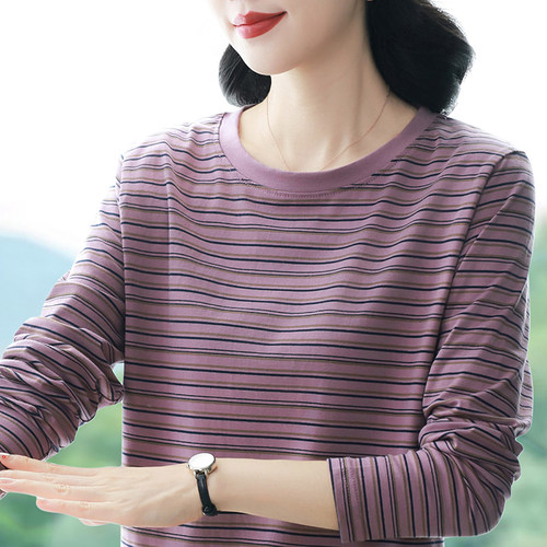纯棉长袖t恤女早秋2026新款上衣条纹宽松大码打底衫中年妈妈内搭
