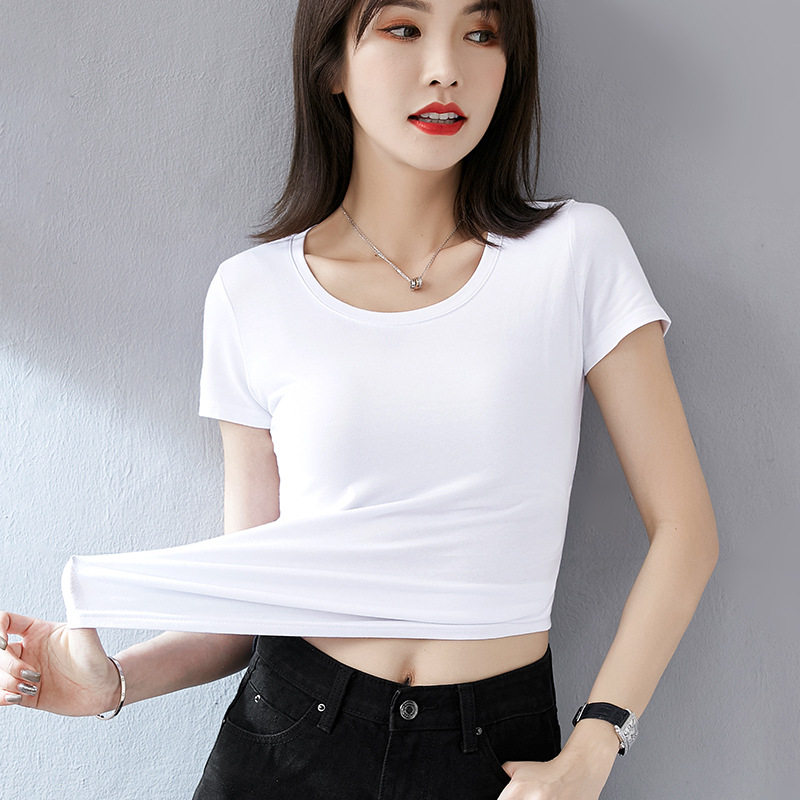 夏季短款纯白色t恤女短袖修身春装小圆领新款纯棉上衣t桖打底衫潮