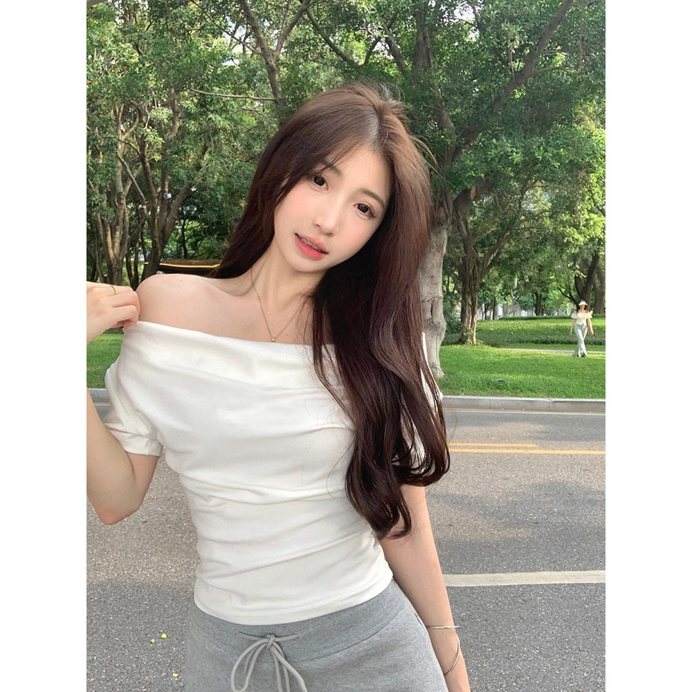 温柔纯欲一字肩短袖T恤女夏季新款妹锁骨露肩气质修身不规则上衣