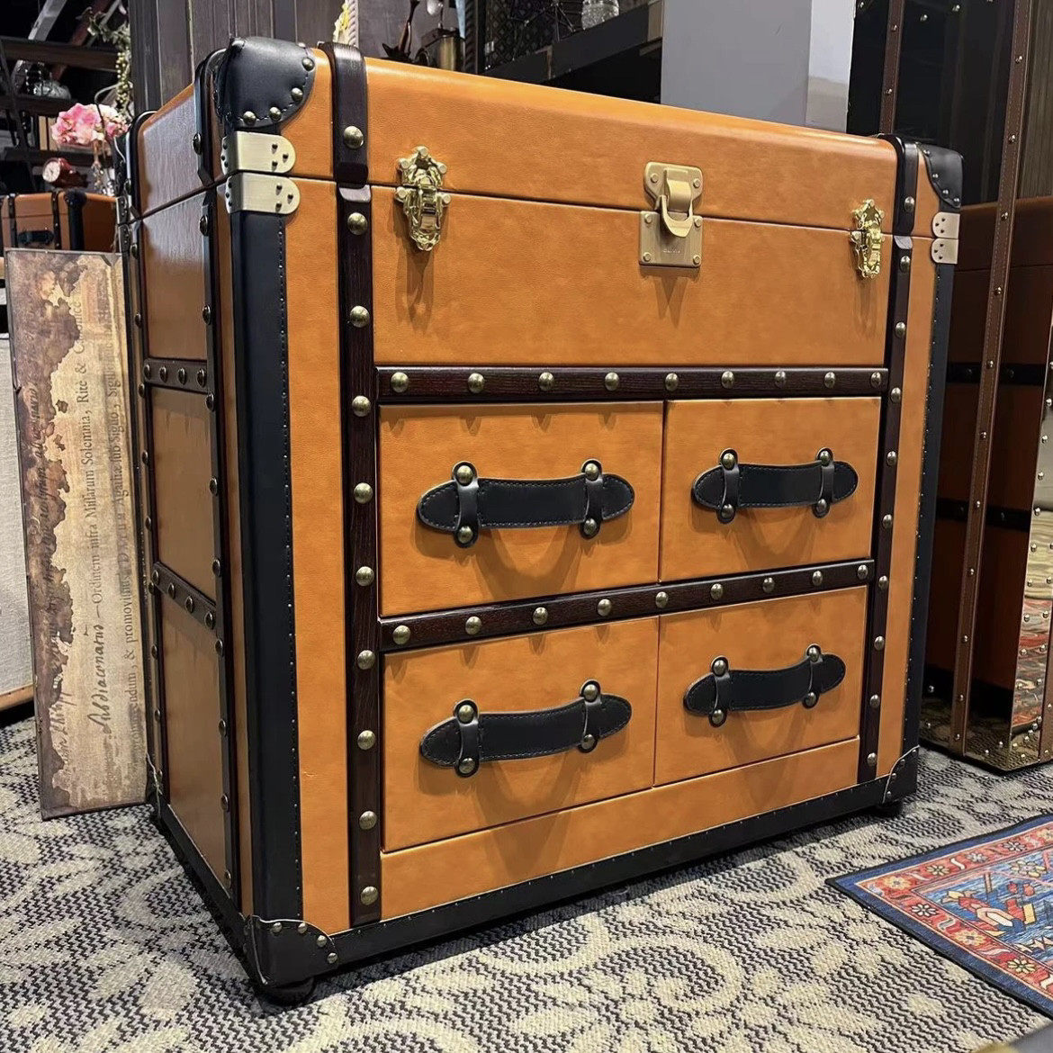 源头工厂中古橙色翻盖储物柜边柜展示柜长93x宽51x高90cm