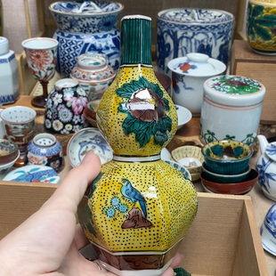 花器 老九谷 名家 手绘交趾釉葫芦 酒壶