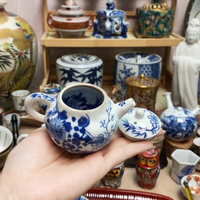 古清水烧 清水七兵卫 手绘青花 内外绘 玉露后手壶
