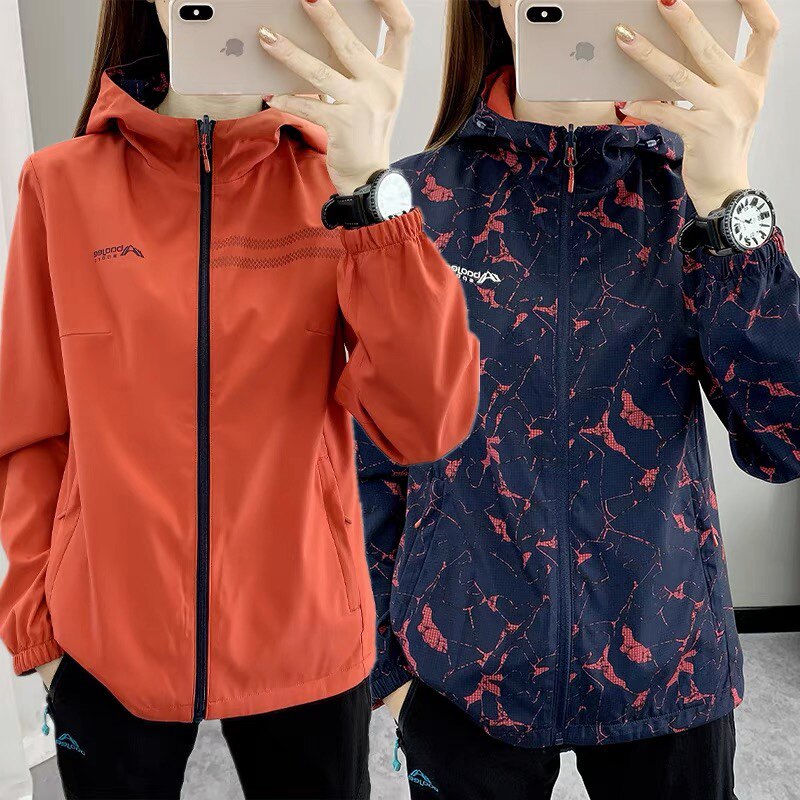 春秋季冲锋衣女薄款两面穿外套防水防风韩版印花休闲夹克拉链开衫