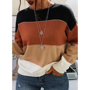 color round long striped contrast sweater sleeve Womens