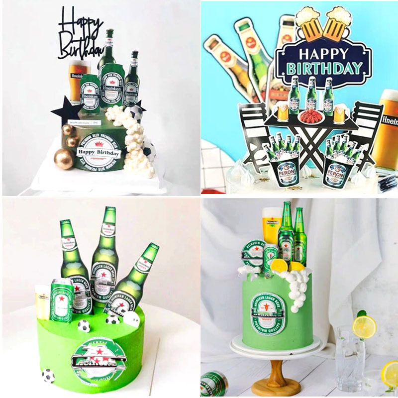 蛋糕装饰啤酒纸套装插件烘焙甜品台装扮生日快乐节日插旗ins插牌