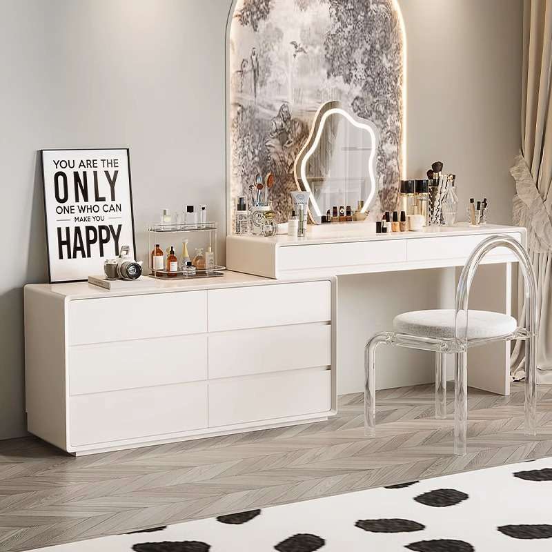 实木梳妆台斗柜一体收纳现代简约白色书桌轻奢写字台转角化妆桌
