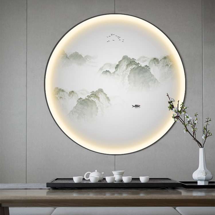 N6RS 圆形中式玄关装饰画led发光酒店风景挂画软装入户茶室书