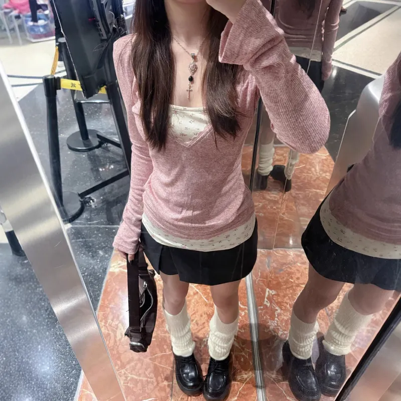 韩系甜美蕾丝碎花假两件长袖t恤女早春季内搭打底衫修身显瘦上衣