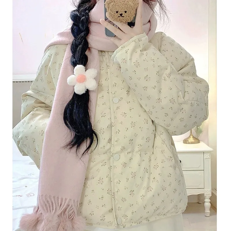 韩系田园风小碎花羽绒棉服女新款立领小个子棉衣面包服冬外套