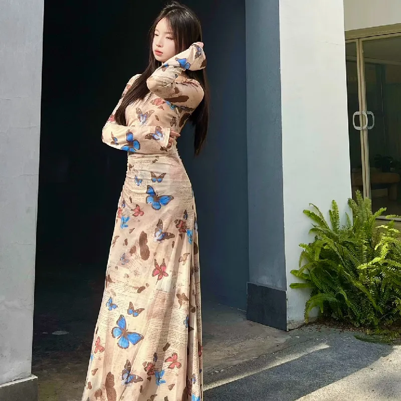 法式复古蝴蝶印花网纱长袖连衣裙女秋季新款修身显瘦气质包臀裙子