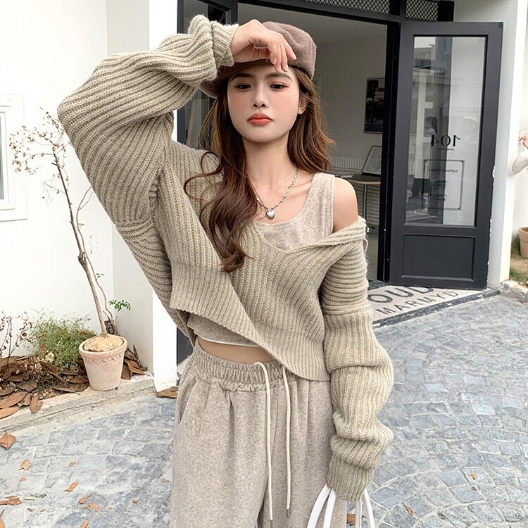 复古v领慵懒风毛衣女2025新款春秋设计感小众针织衫宽松短款上衣