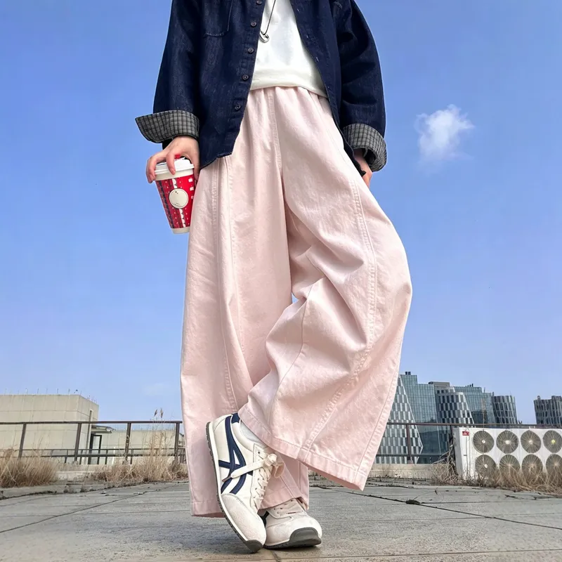 粉色弯刀阔腿裤女夏季薄款日系小个子宽松显瘦直筒九分休闲工装裤