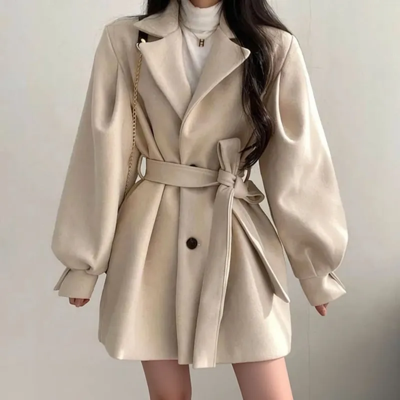 韩版Chic秋冬宽松风大衣女呢子西装领中长款小个子毛呢外套女