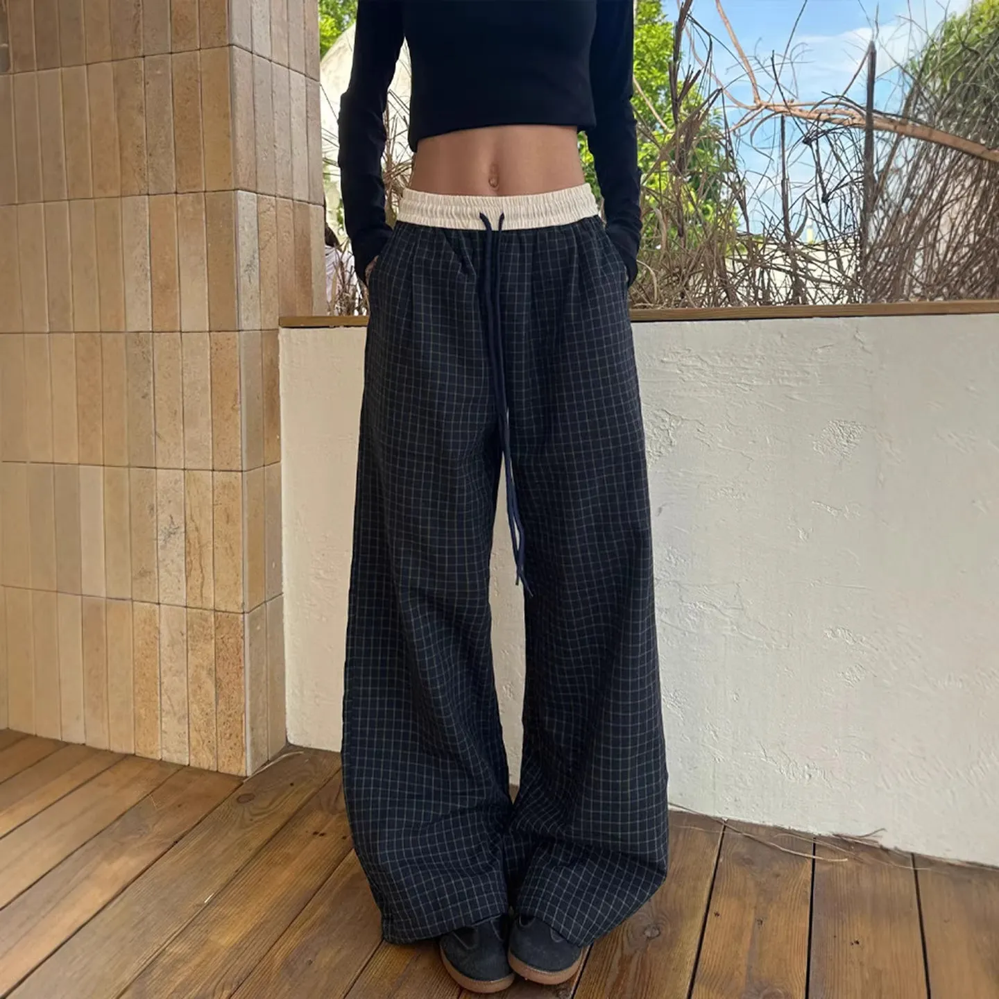 美式复古阔腿格子裤男女夏季美式宽松显瘦弯刀裤慵懒风运动休闲裤