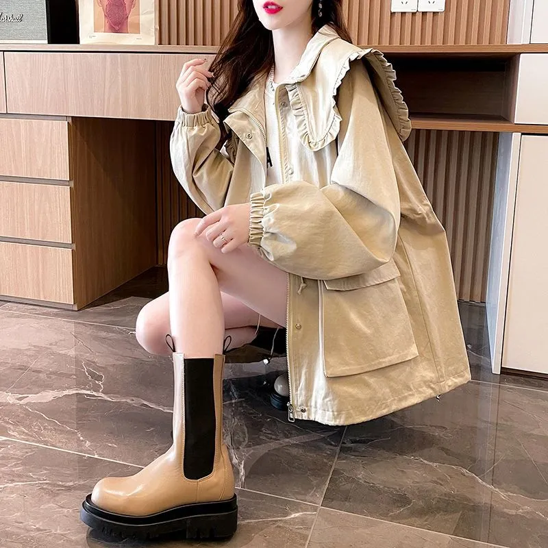 新款chic设计感纯色慵懒风春秋双层风衣外套潮