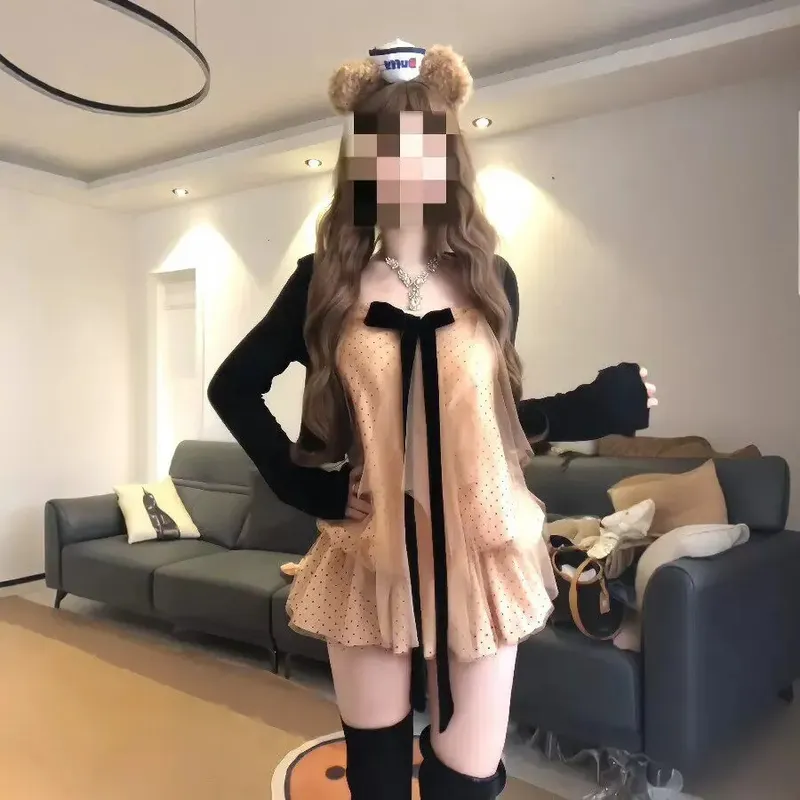 甜美纯欲风蝴蝶结波点吊带开衫纱网蛋糕裙女夏季显瘦花苞短裙套装