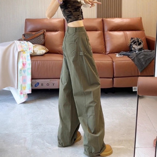 裤 大码 女春胖mm宽松高腰显瘦直筒阔腿工装 军绿色牛仔裤 复古美式