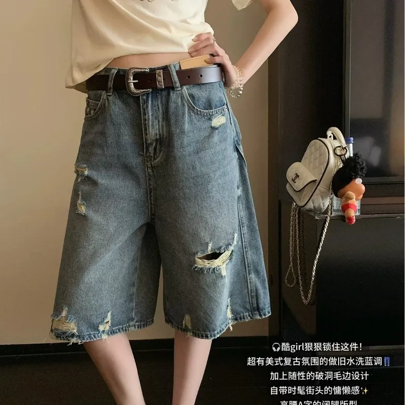 2026夏季浅蓝色高腰牛仔短裤女欧货复古破洞直筒宽松休闲五分裤子