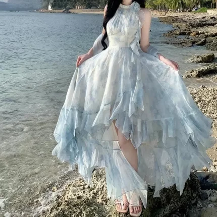 2026年夏季新款浪漫印花度假荷叶边不规则挂脖连衣裙 开衫两件套