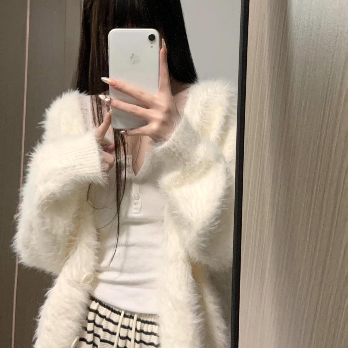 高级感！慵懒风白色水貂绒毛衣开衫外套女2025秋冬新款宽松针织衫