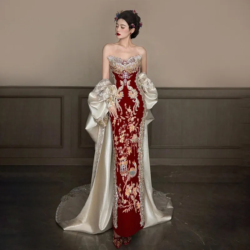 秀禾服婚服新款抹胸敬酒披肩出阁印尼中式嫁衣新娘订婚宴礼服