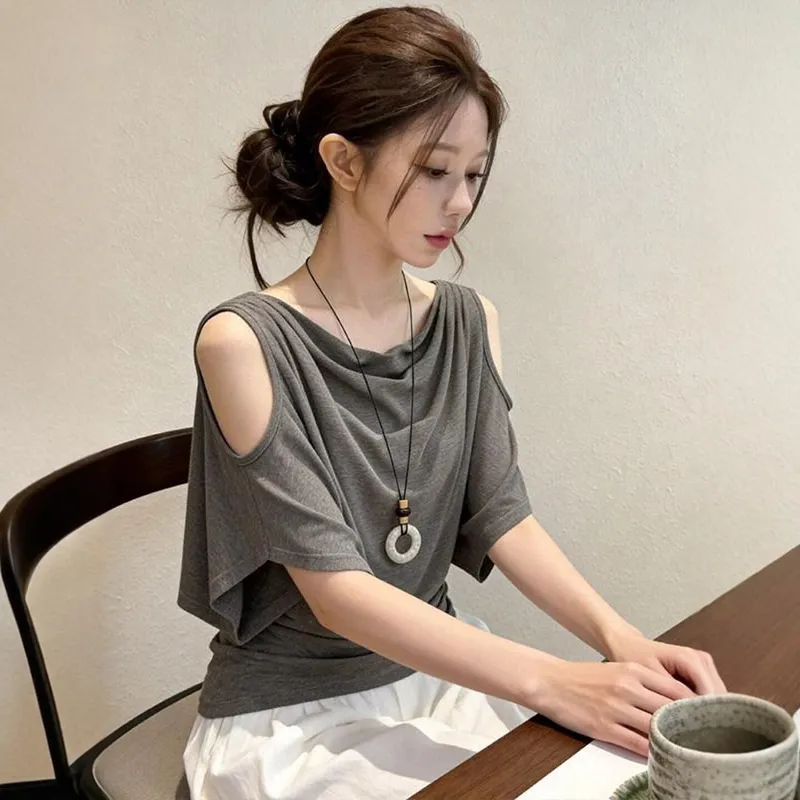 荡领短袖t恤女夏季大码胖mm显瘦设计感露肩上衣短款打底小衫
