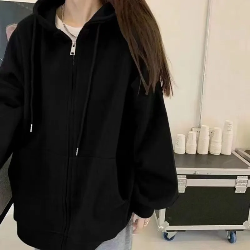 薄款韩系慵懒灰色卫衣外套女美式chic宽松连帽拉链开衫上衣外套女图片