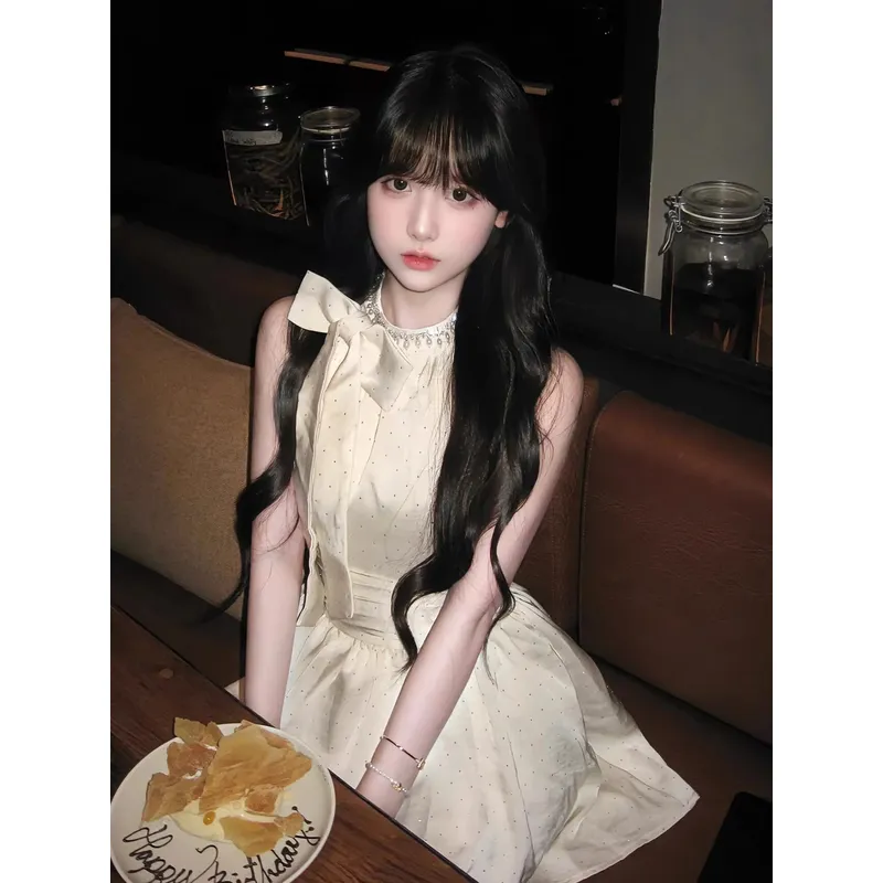 生日party小礼服女名媛千金感珍珠镶钻蝴蝶挂脖结波点裙