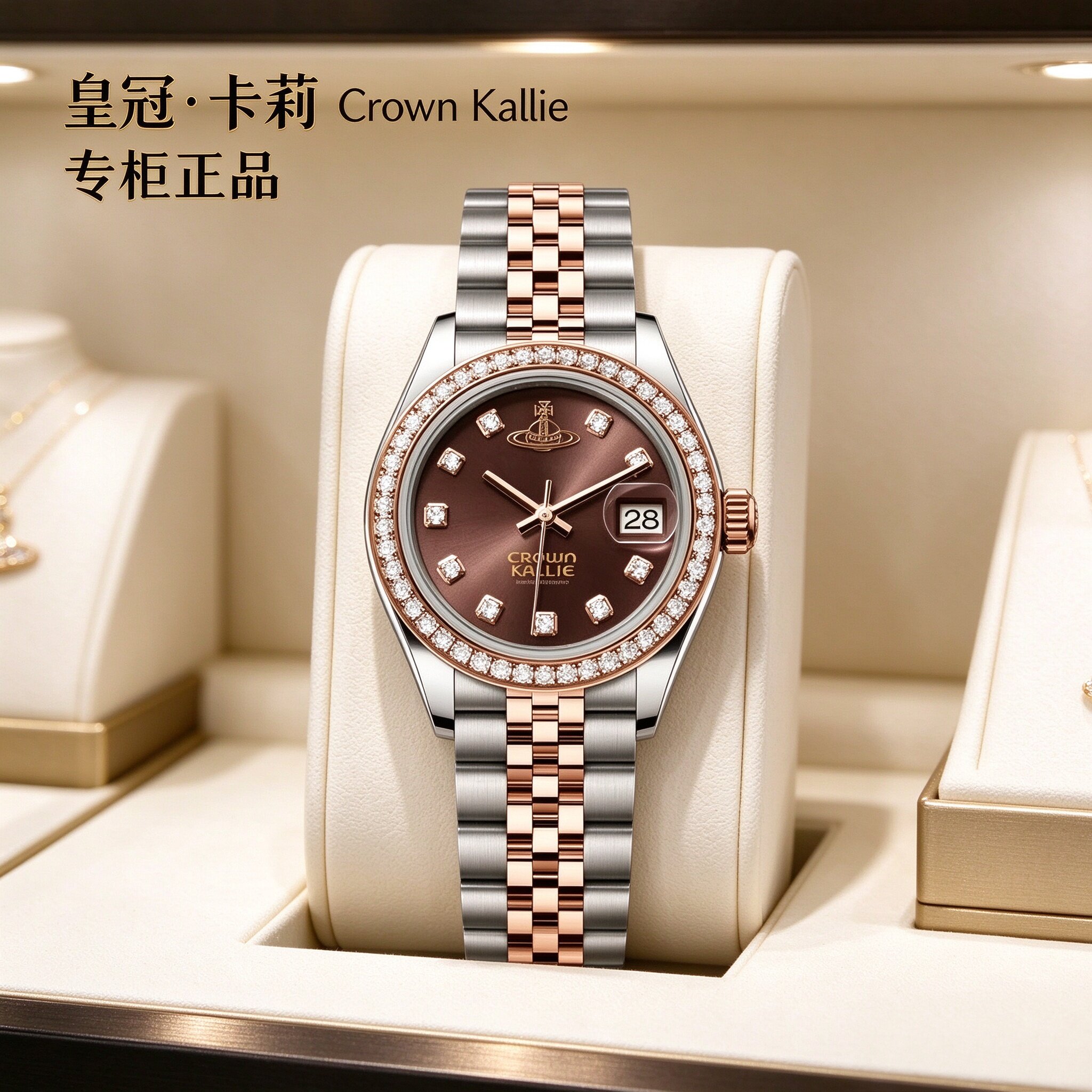 卡莉间金咖自动机械女表钢带防水