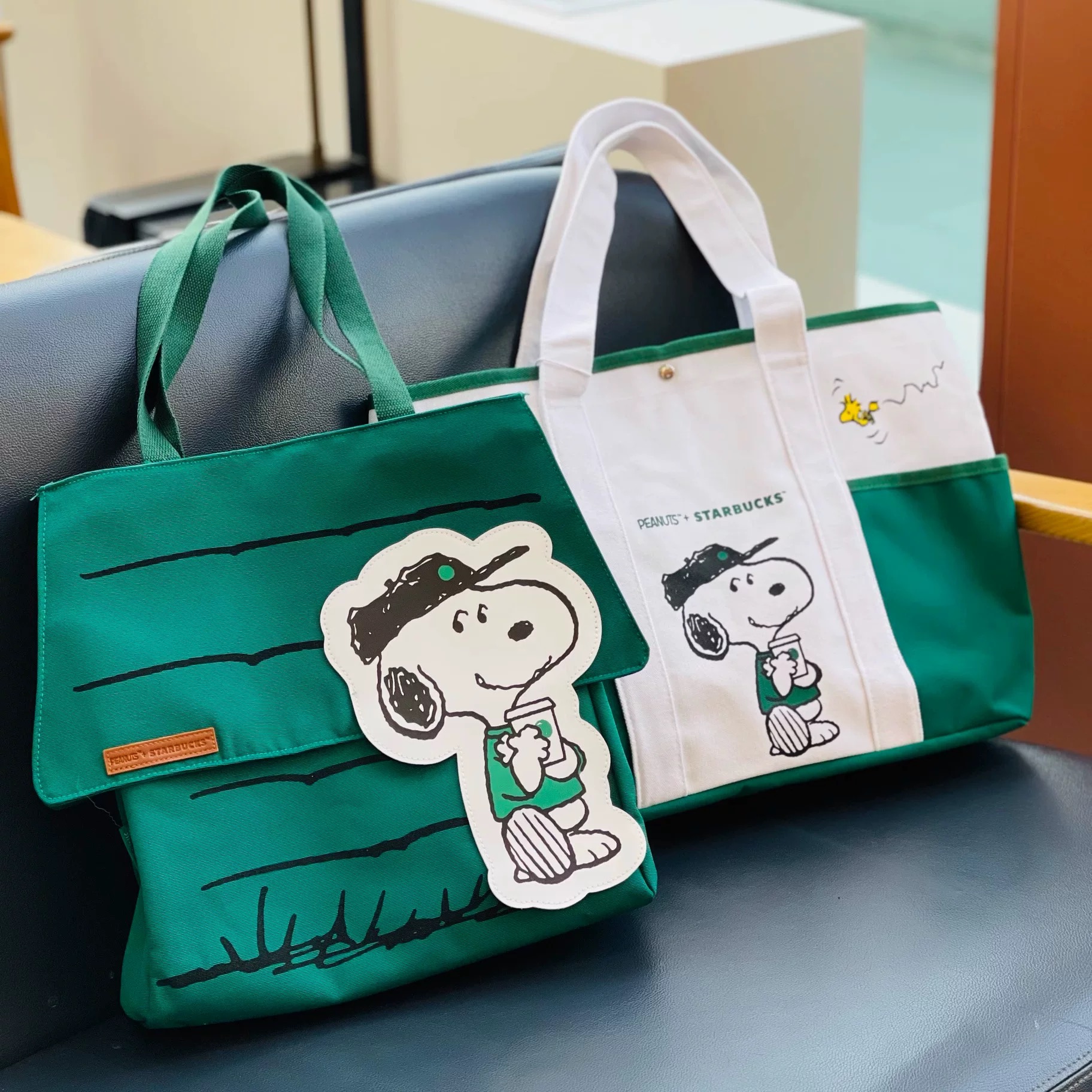 星巴克史努比出行手提托特包帆布大容量通勤收纳白绿撞色旅行挎包