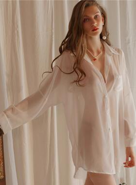 衬衫睡衣浴袍女性感透明男友风宽松白色长袖冰丝睡裙火辣高级感