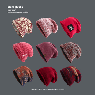 EIGHTHOUSE红色帽子秋冬2024新款 保暖包头堆堆帽大头围毛线针织帽