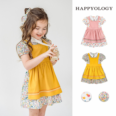 Happyology英国女童夏季纯棉复古碎花连衣裙女宝宝撞色泡泡袖裙子
