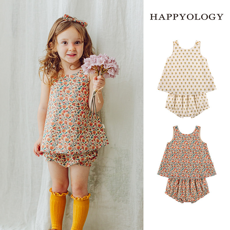 Happyology英国儿童春夏蝴蝶结碎花裙子女童新品短裤吊带印花套装