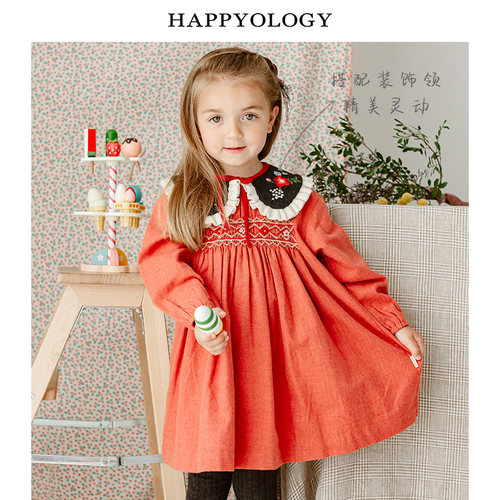 Happyology英国女童连衣裙司马克手工订花裙子秋季长袖纯棉女童装