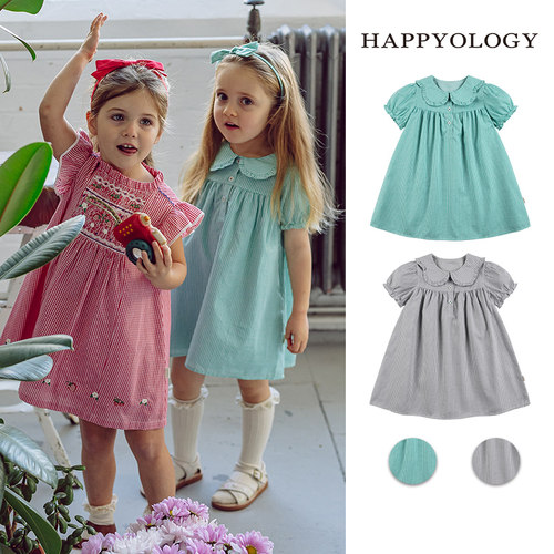 Happyology英国儿童春夏款手工花朵纽扣连身裙女童新品短袖连衣裙