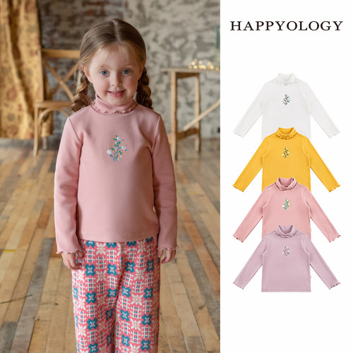 Happyology英国儿童半高领绣花新品打底木耳边上衣女童长袖针织衫