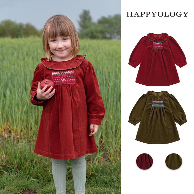 Happyology儿童司马克绣花女童荷叶边翻领长袖连衣裙灯芯绒连身裙