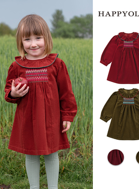 Happyology儿童司马克绣花女童荷叶边翻领长袖连衣裙灯芯绒连身裙