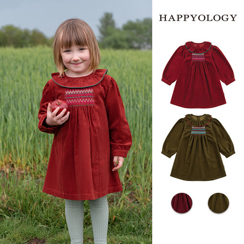 Happyology儿童司马克绣花女童荷叶边翻领长袖连衣裙灯芯绒连身裙