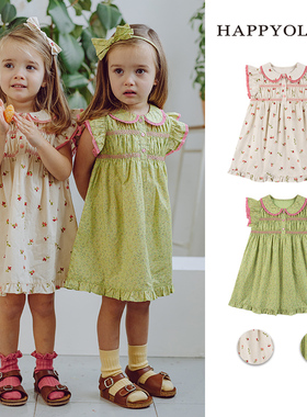 Happyology英国儿童春夏司马克绣花连身裙女童裙子撞色花边连衣裙