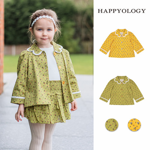 Happyology英国女童外套春季新品英伦花瓣领小碎花上衣花布
